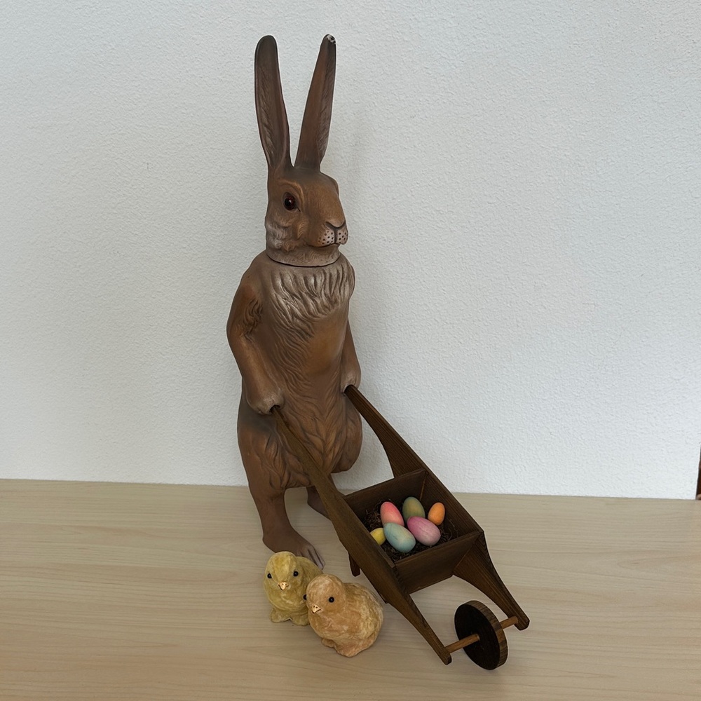 Marolin Brown Rabbit Figurine with Wheelbarrow and Chicks Germany